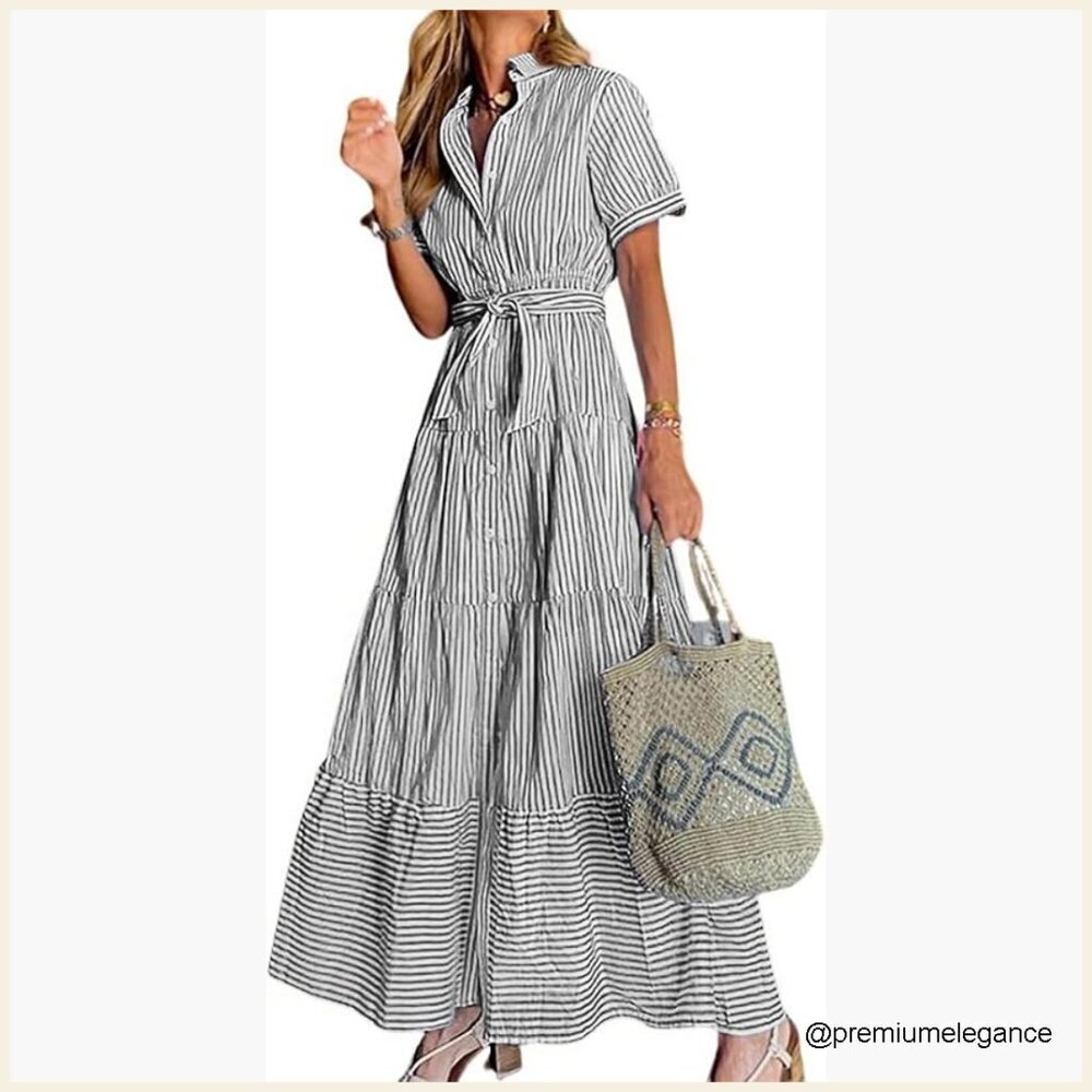 Casual Striped Maxi Shirt Dress with Tie Waist and Ruffled Hem